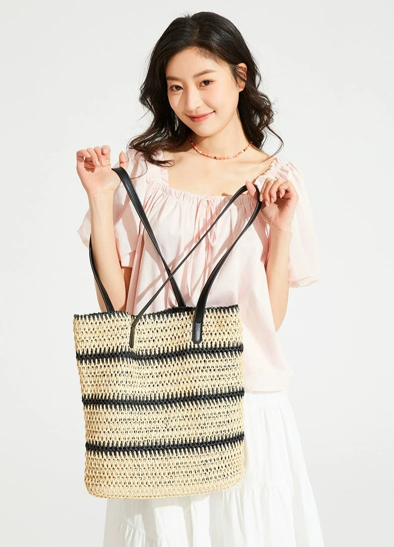 Woven Striped Tote with Leather Handles