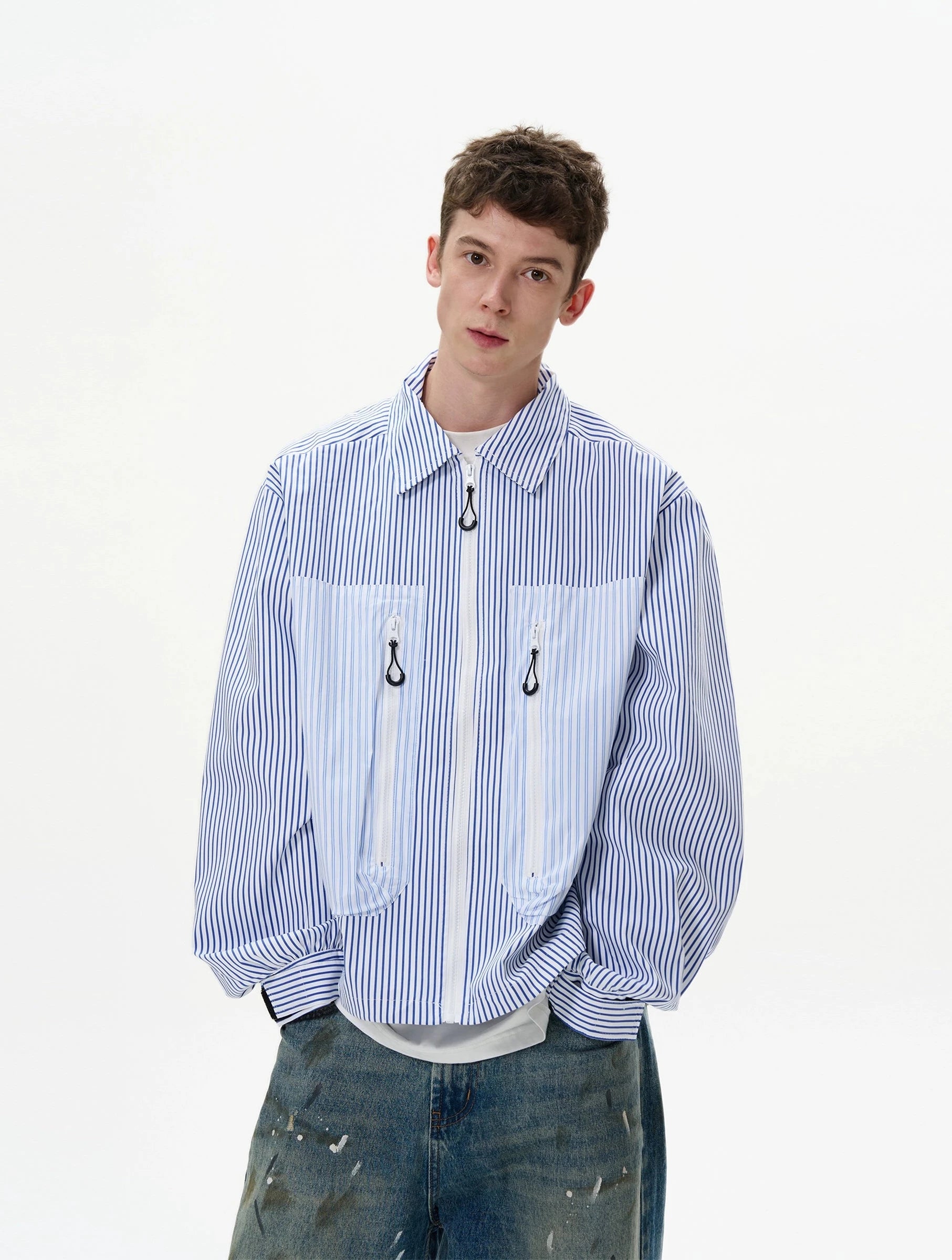 Patchwork Pinstripe Zip Jacket with Pockets