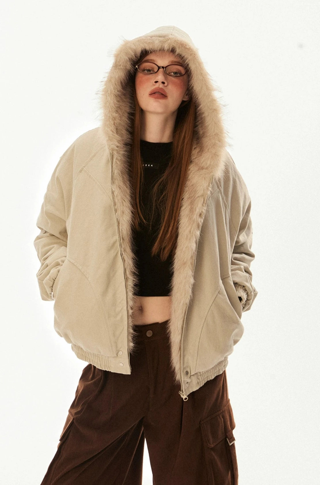 Faux Fur Lined Elastic Hem Hooded Jacket