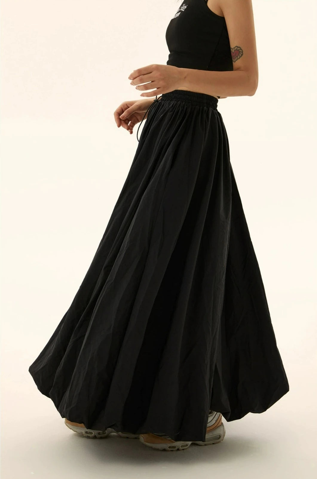 Pleated Maxi Balloon Skirt with Elastic Waistband