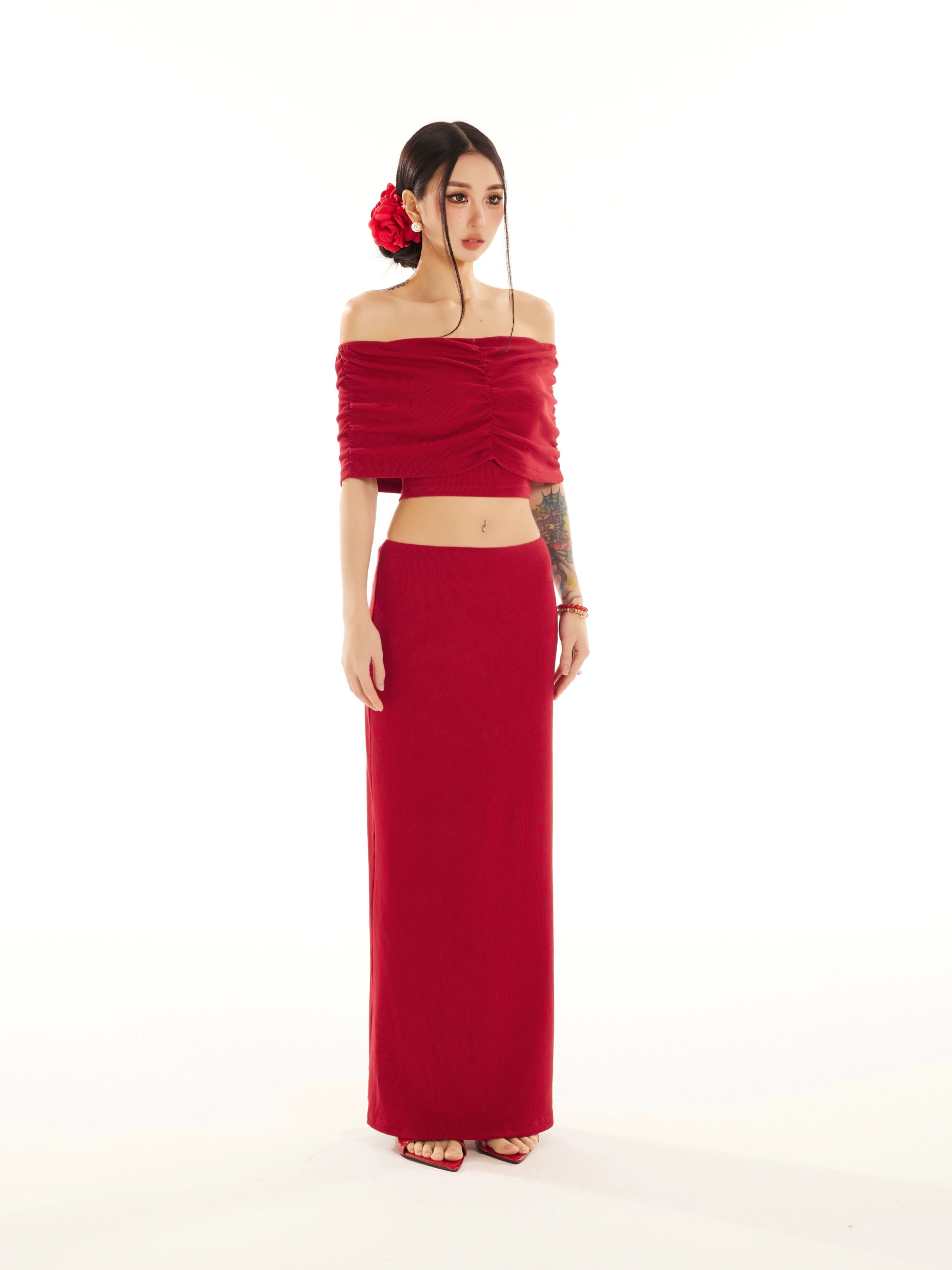 Off-Shoulder Layered Crop Top and Slim Maxi Skirt Set