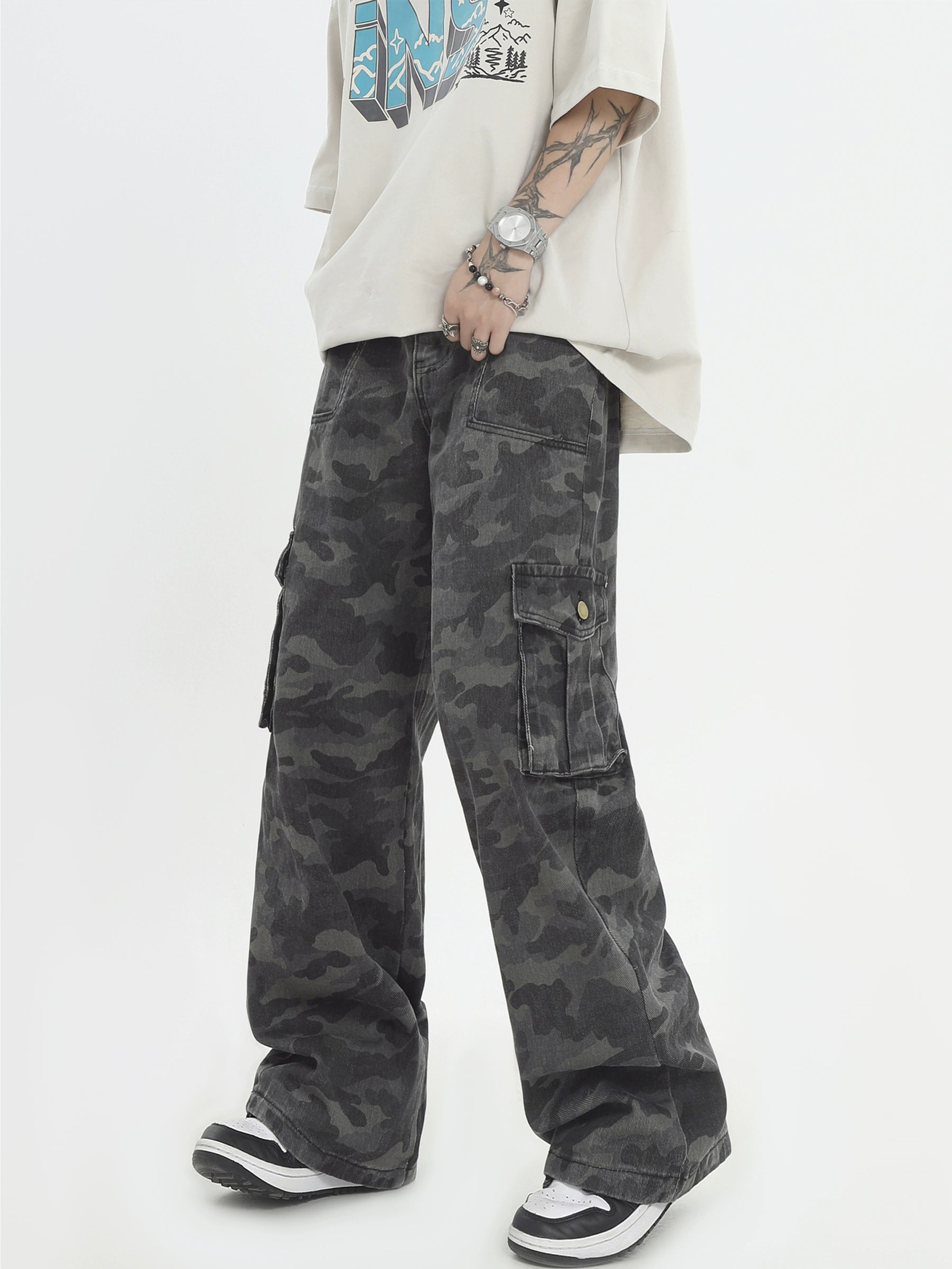 Camo Print Cargo Straight-Leg Trousers