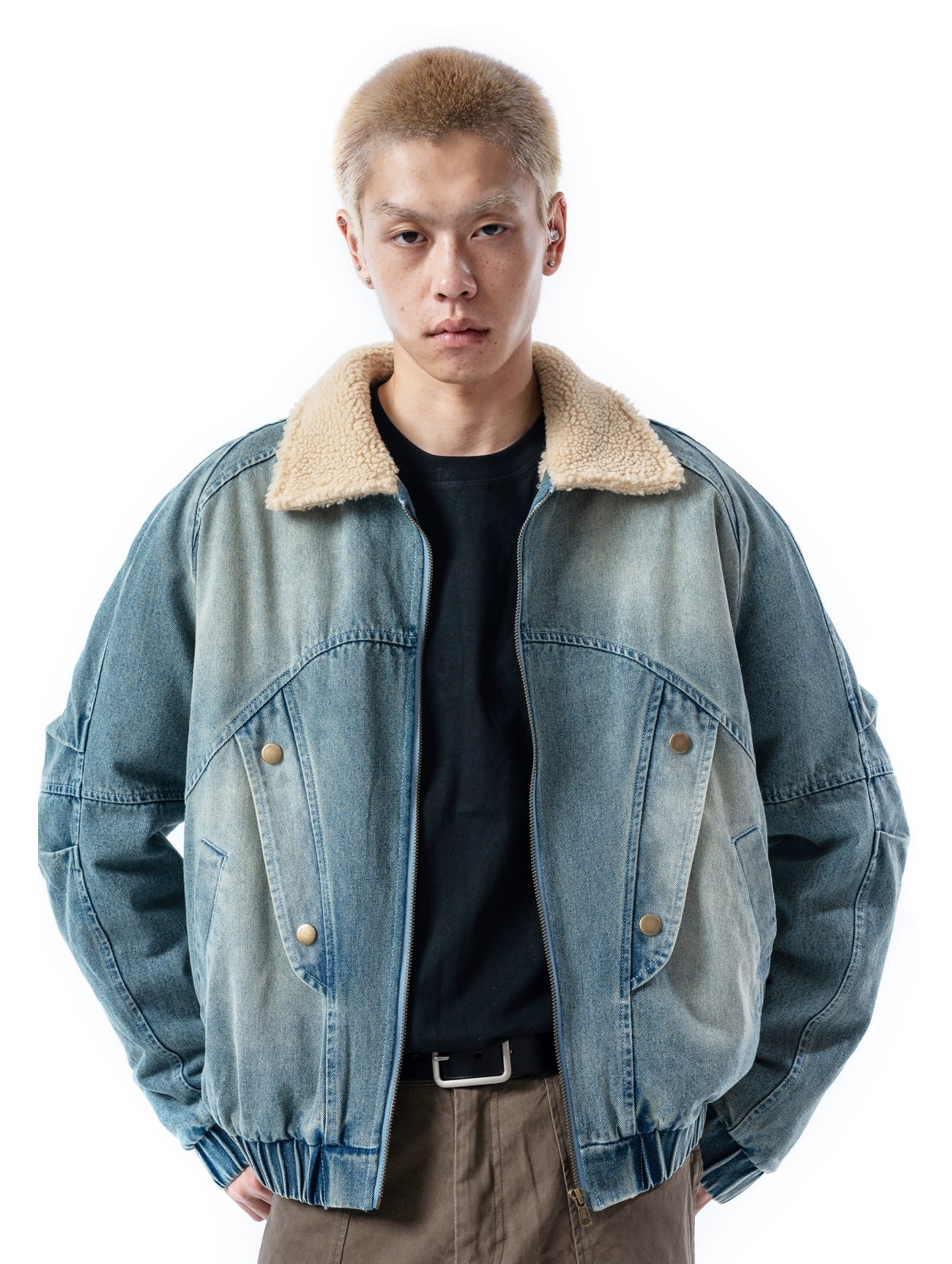 Sherpa Lined Elastic Hem Faded Denim Jacket