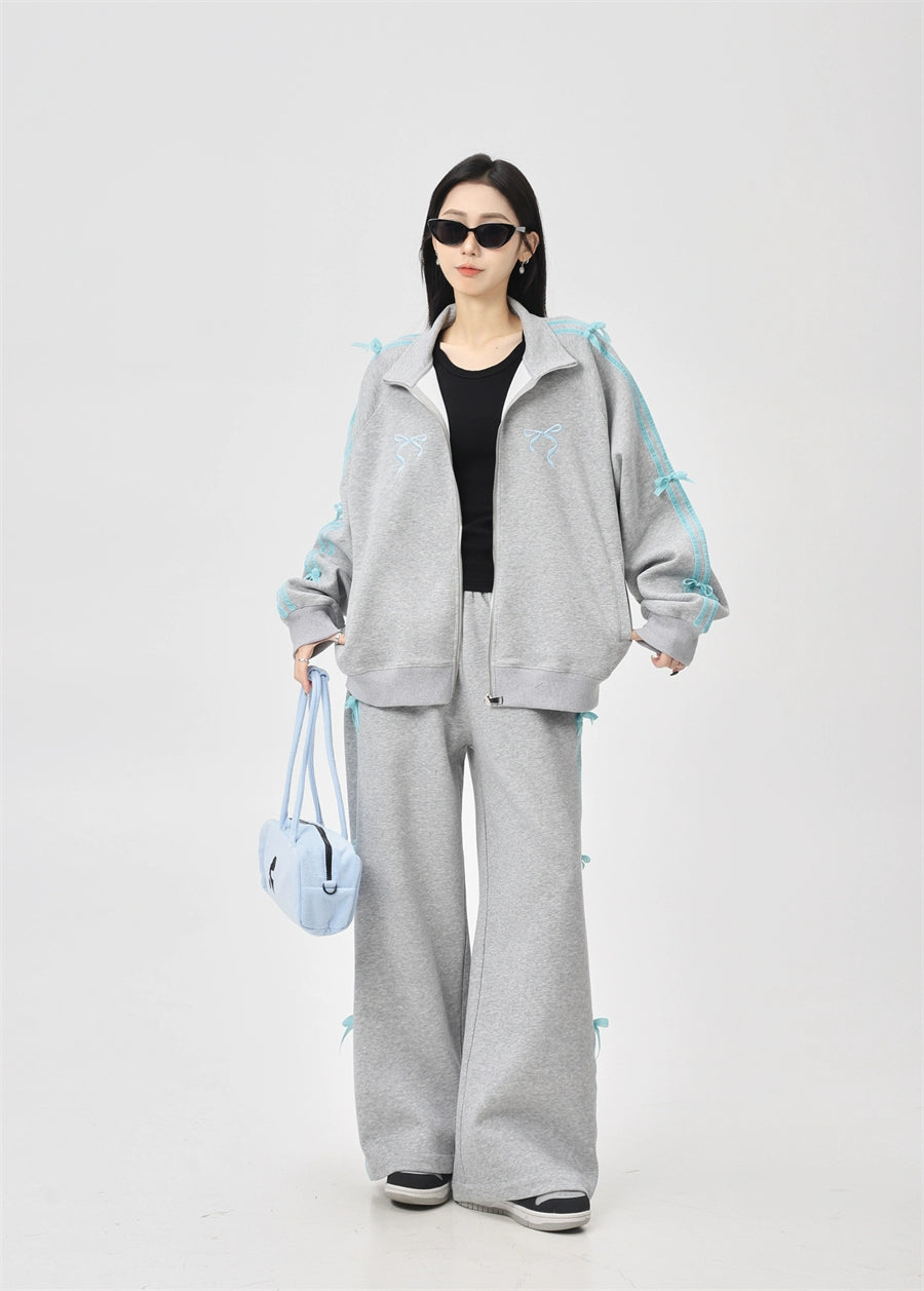 Ribbon-Bow Stripe Track Zip-Up Jacket and Pants Sweatsuit Set