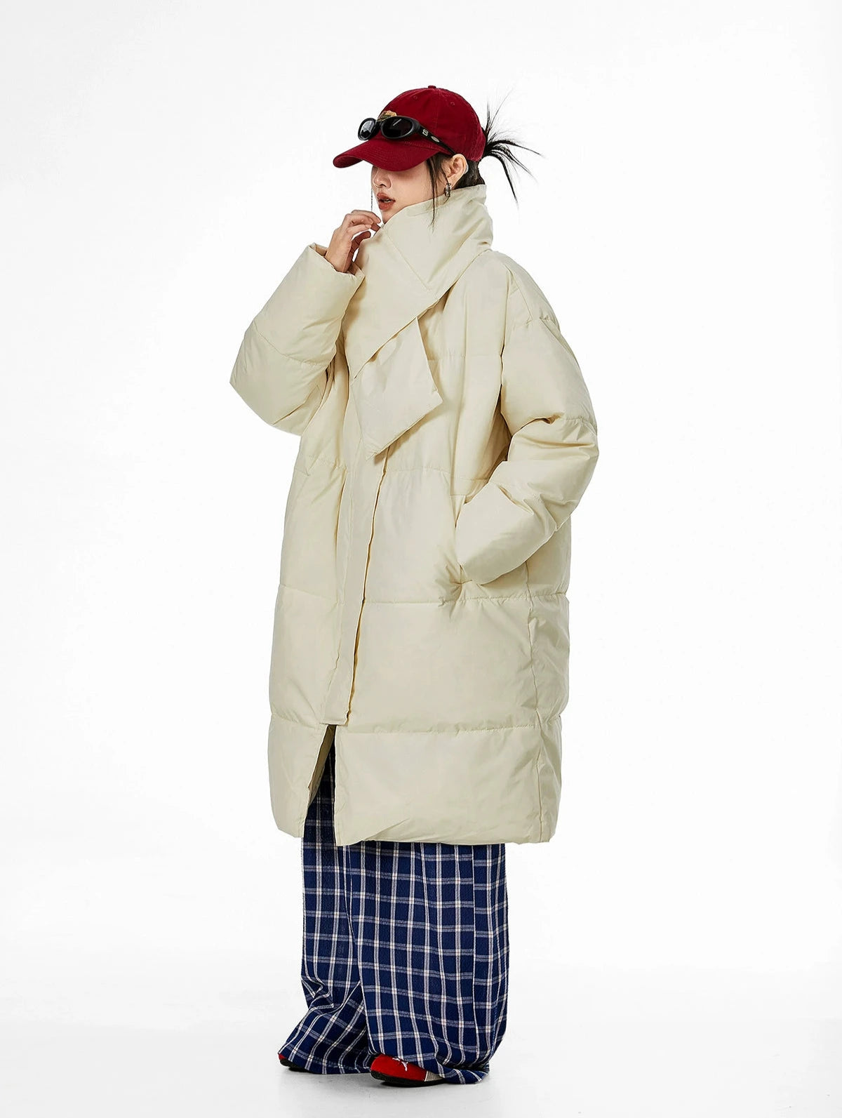 Oversized Stand Collar Puffer Coat with Scarf