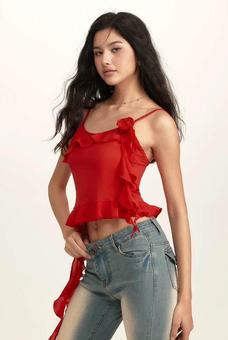 Spaghetti Strap Ruffle Trim Top with Floral Accent