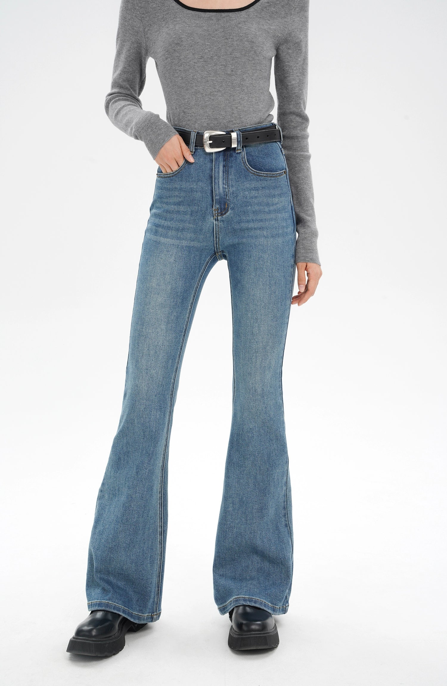 Skinny Denim Semi-Flare Jeans with Faded Wash