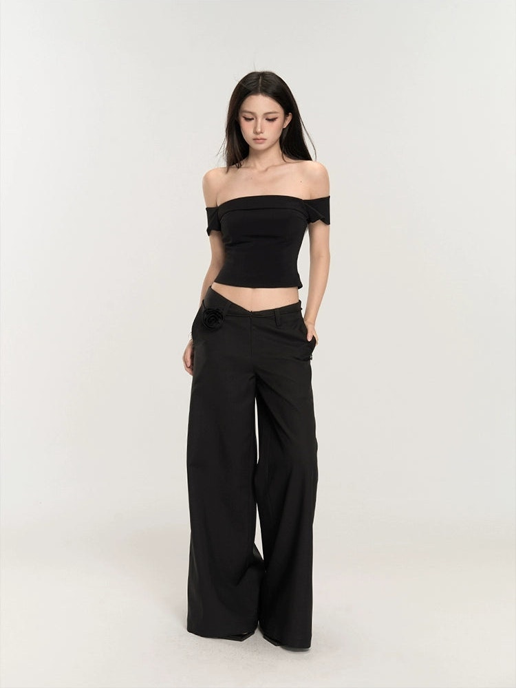 Wide-Leg Low Waist V-Shape Trousers with Floral Accent