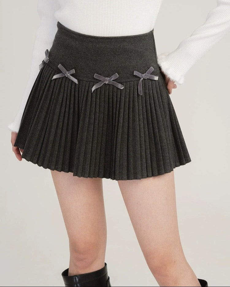 Pleated High-Waist Mini Skirt with Bow Accents