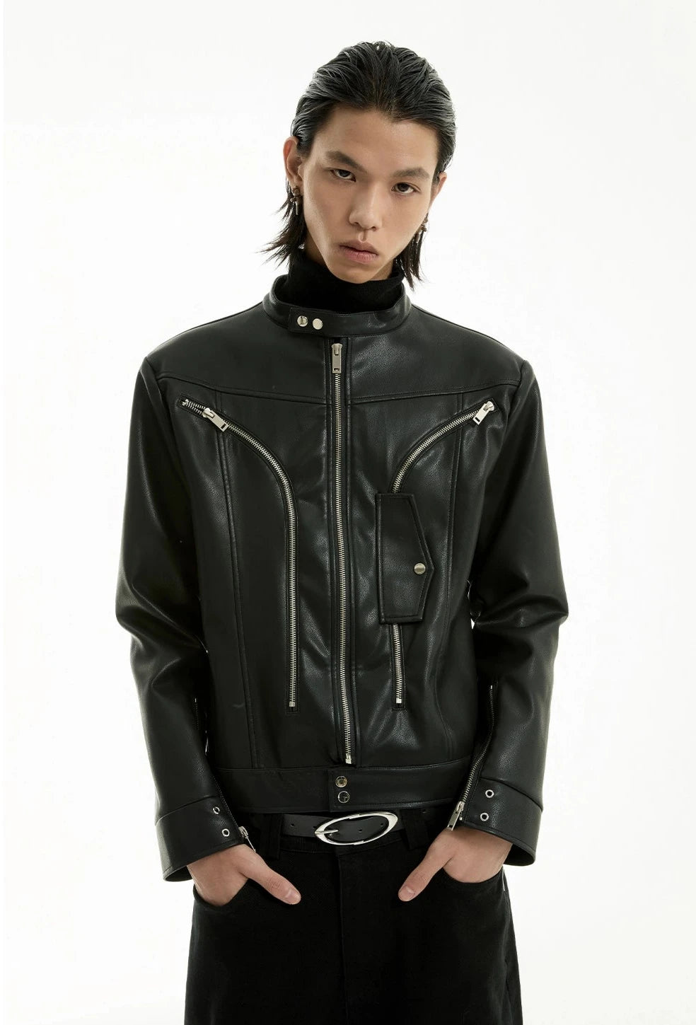 Faux Leather Racer Jacket with Curved Zip Details