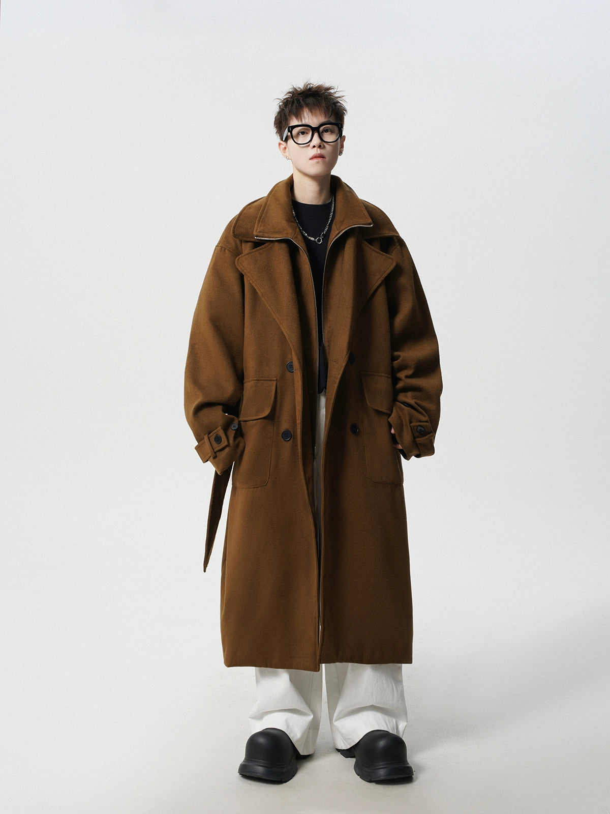 Oversized Mock-Layered Collared Wool Blend Coat