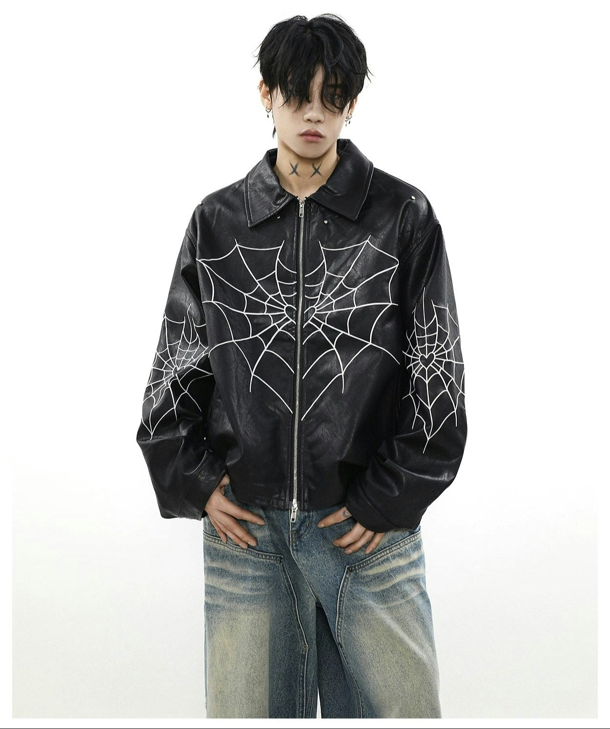 Spiderweb Print Faux Leather Bomber Jacket