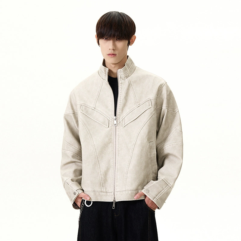 Panel-Stitch Faux Leather Racer Zip Jacket