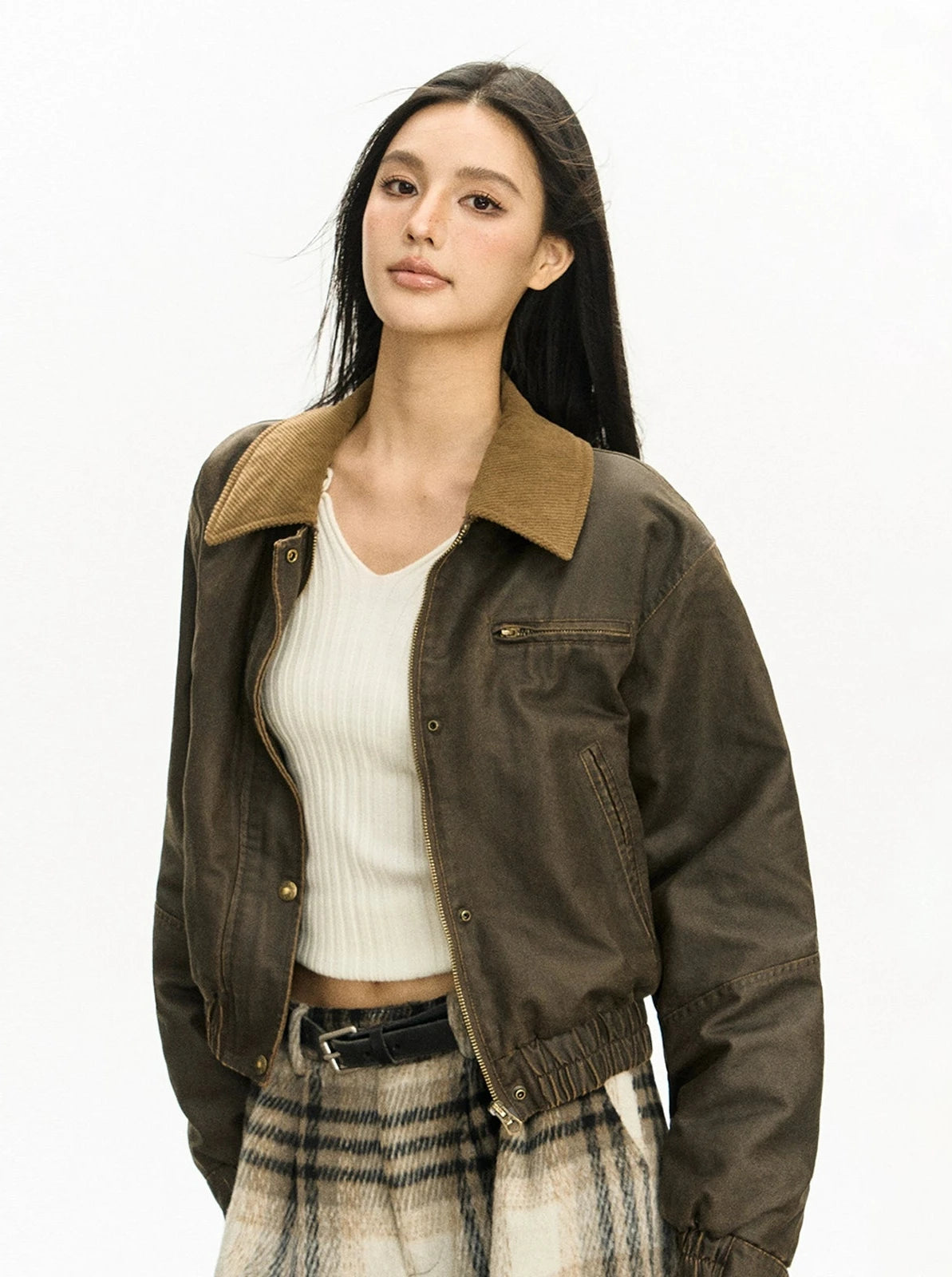 Contrast Corduroy Collar Faux Leather Zip Jacket