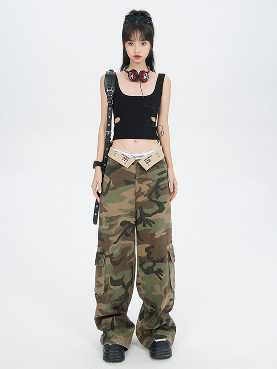 Camouflage Fold-Over Waist Wide-Leg Cargo Pants