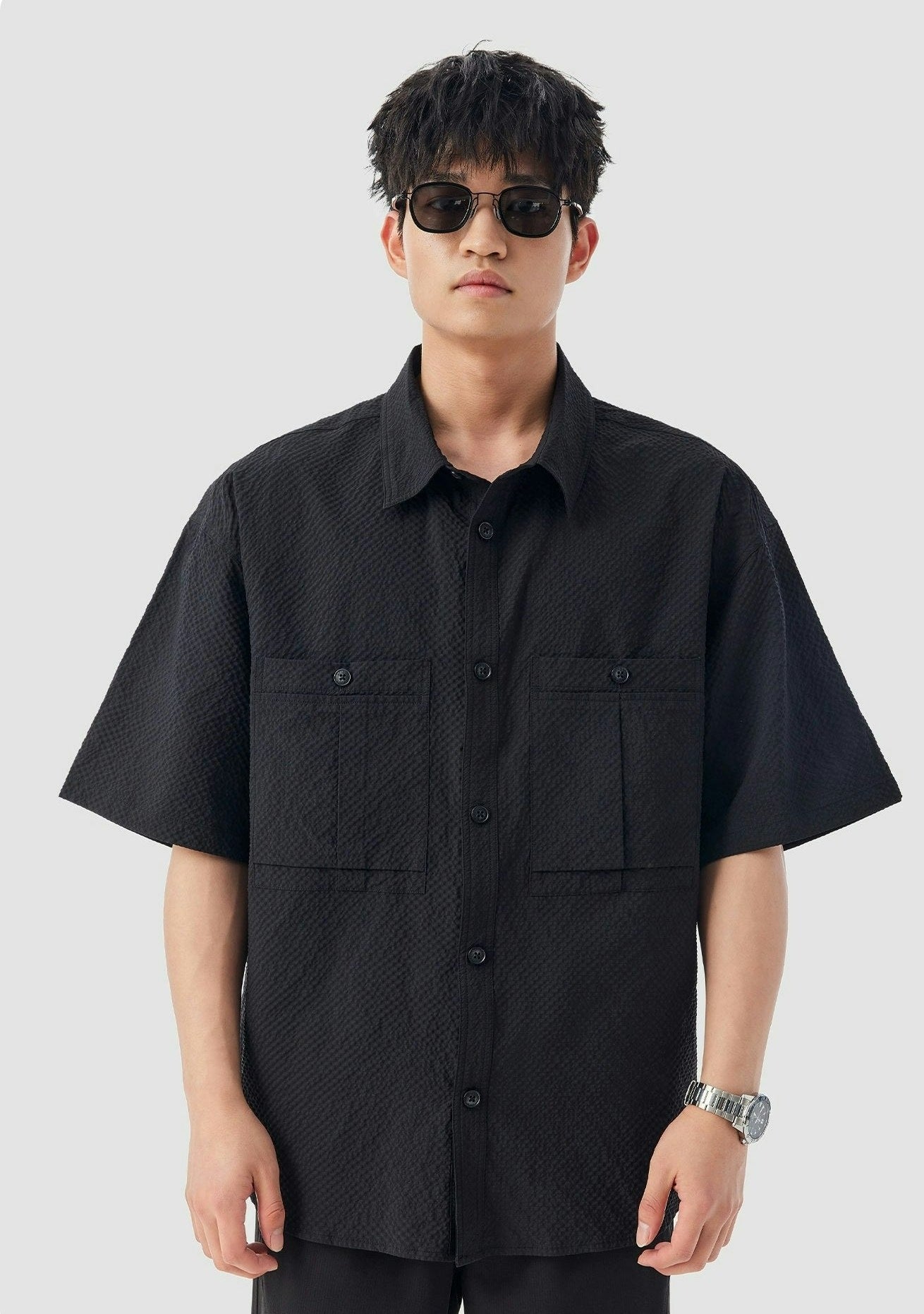 Double Pocketed Textured Short Sleeve Button-Up Shirt