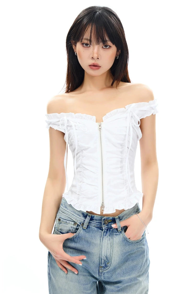 Ruffled Off-Shoulder Ruched Zip-Up Top