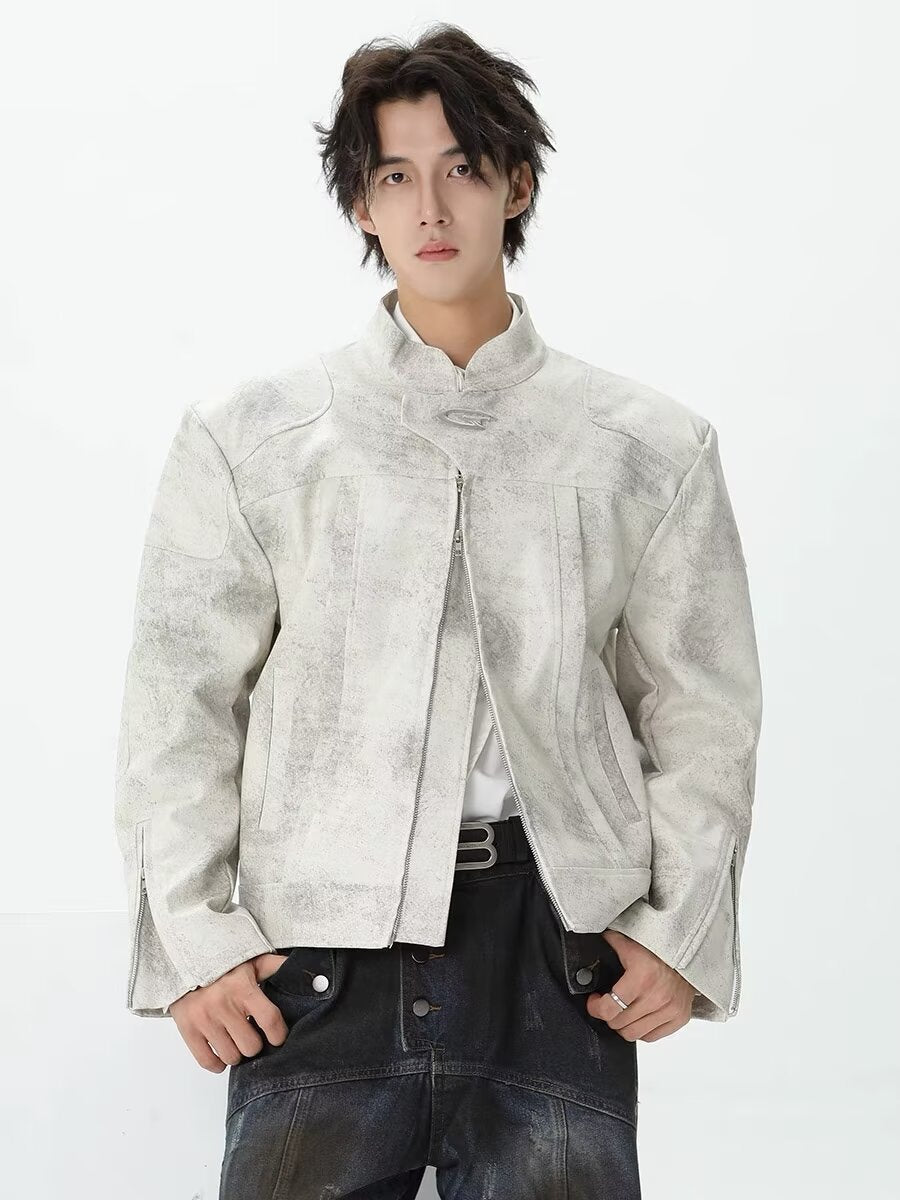 Sand-Effect Boxy Faux Leather Jacket with Zippered Cuffs