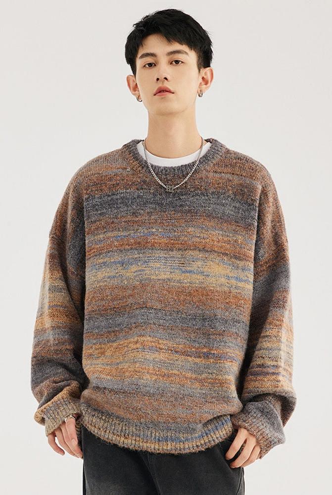 Striped Abstract-Effect Crew Neck Pullover Sweater