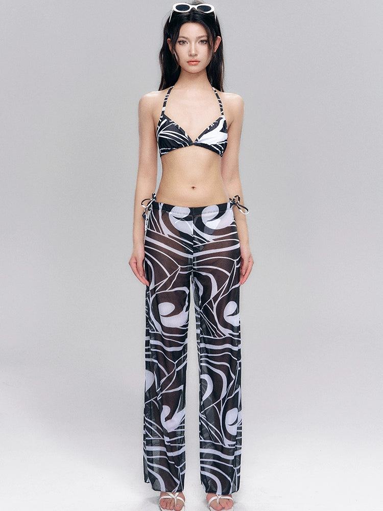 Abstract Print Triangle Bikini with Side-Tie Sheer Bottoms