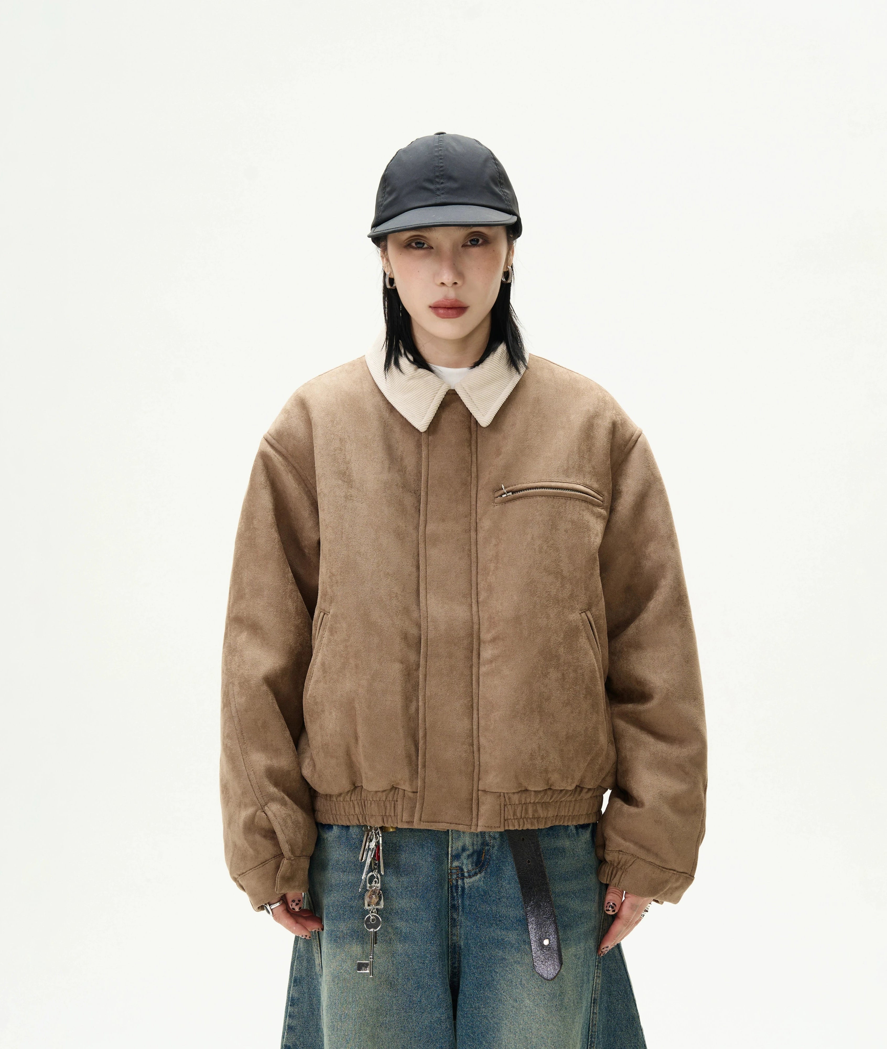 Suede Bomber Jacket with Contrast Corduroy Collar