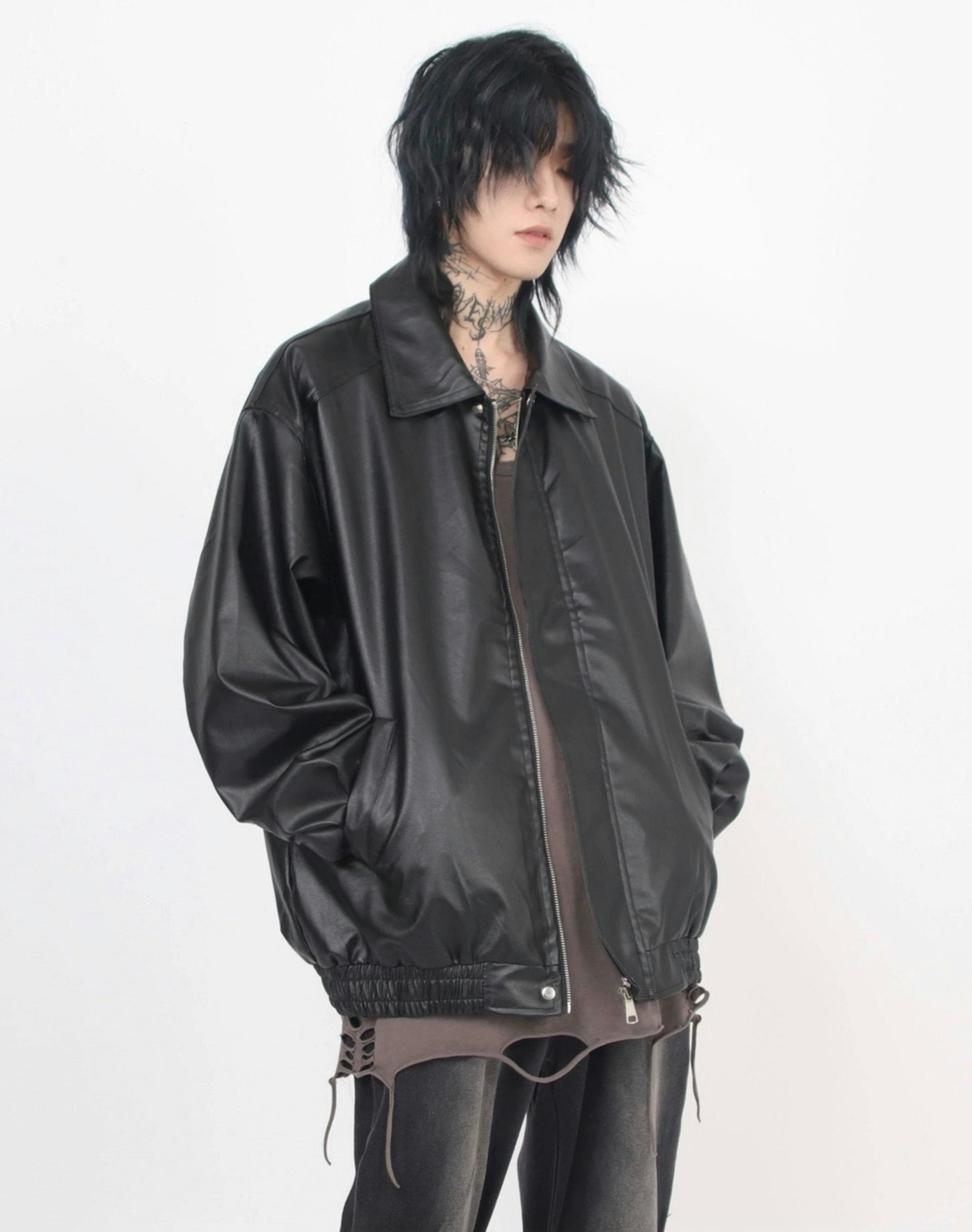 Oversized Zip Leather Jacket with Pockets