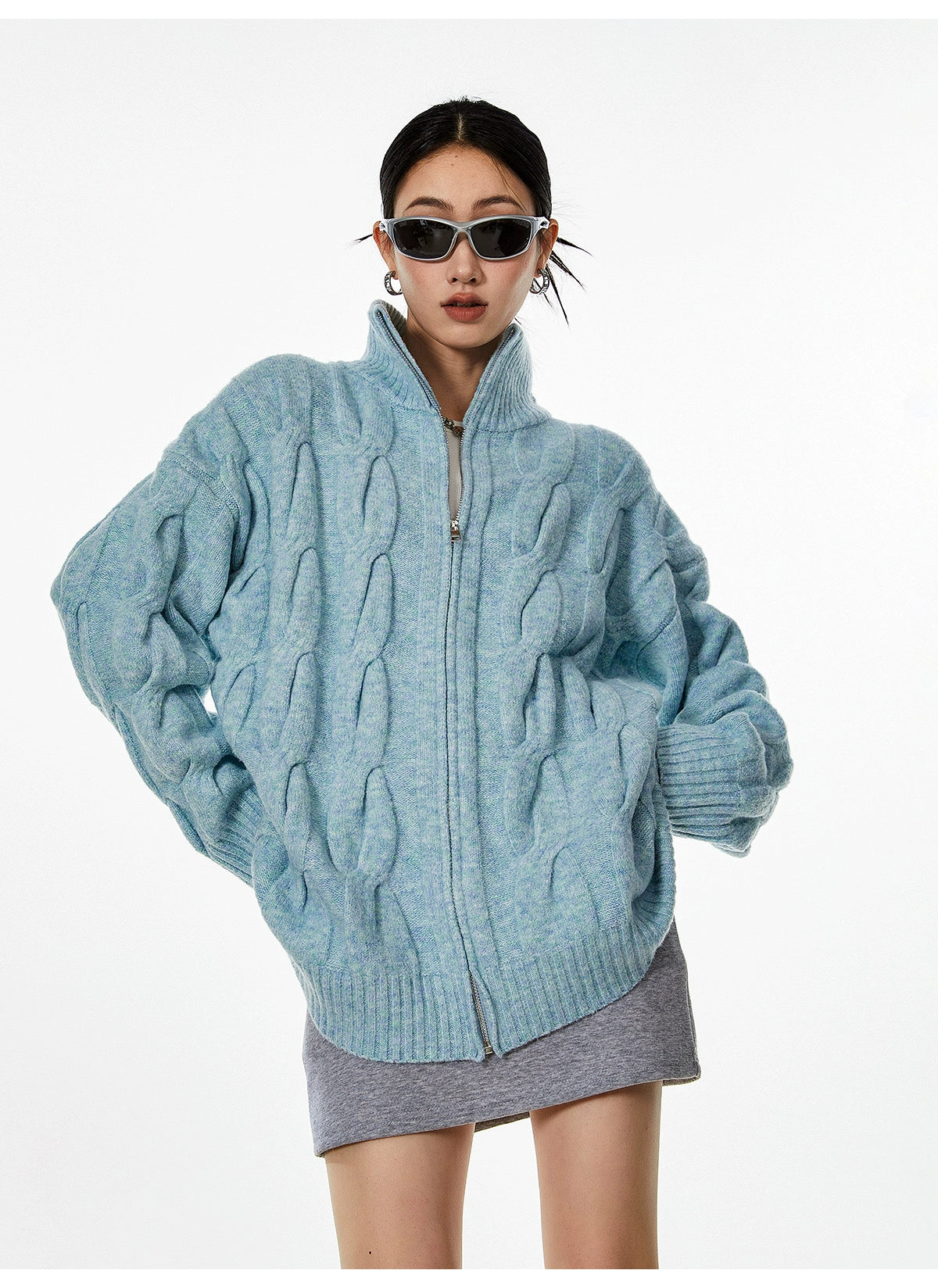 Ribbed Trim Cable Knit Pattern Zip Jacket