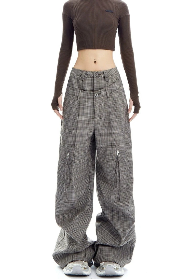 Plaid Wide Leg Zip-Pocket Pleated Trousers