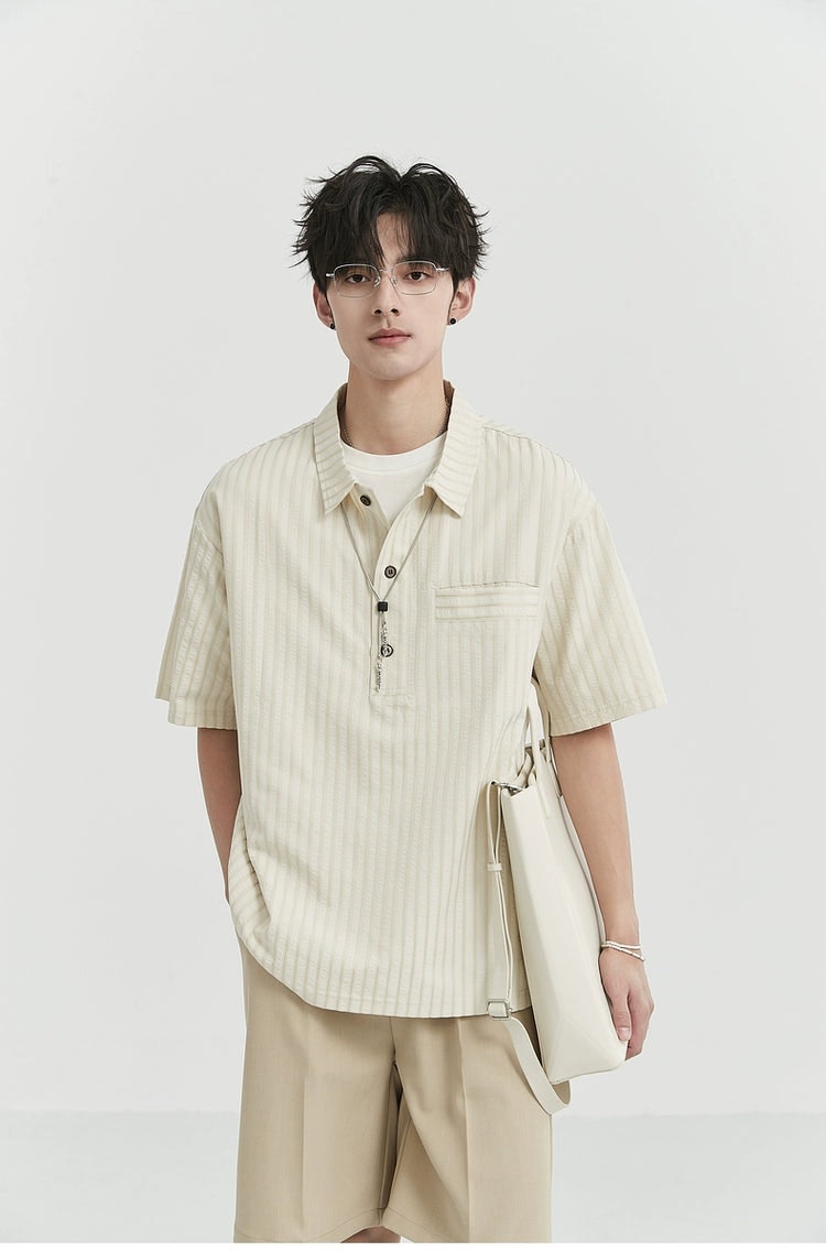 Striped Short Sleeve Half Button-Up Shirt