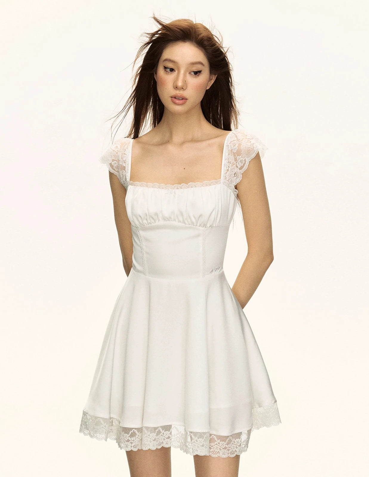 Lace Trim Square Neckline Skater Dress