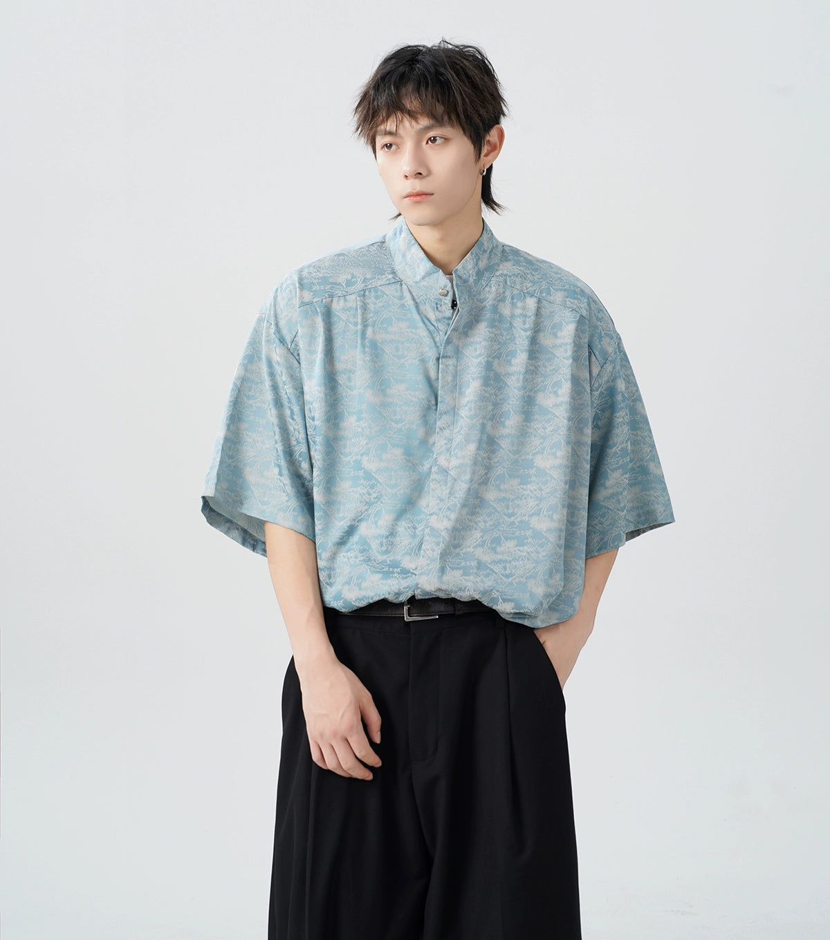 Oversized Tree Print Satin Button-Up Shirt