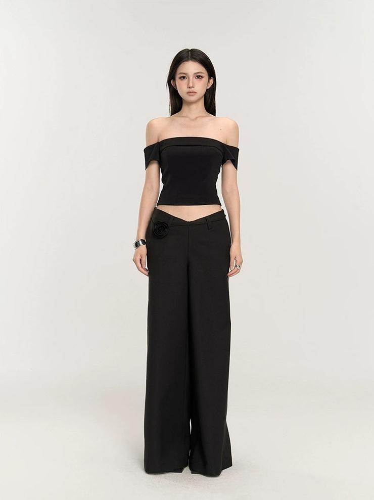 Wide-Leg Low Waist V-Shape Trousers with Floral Accent