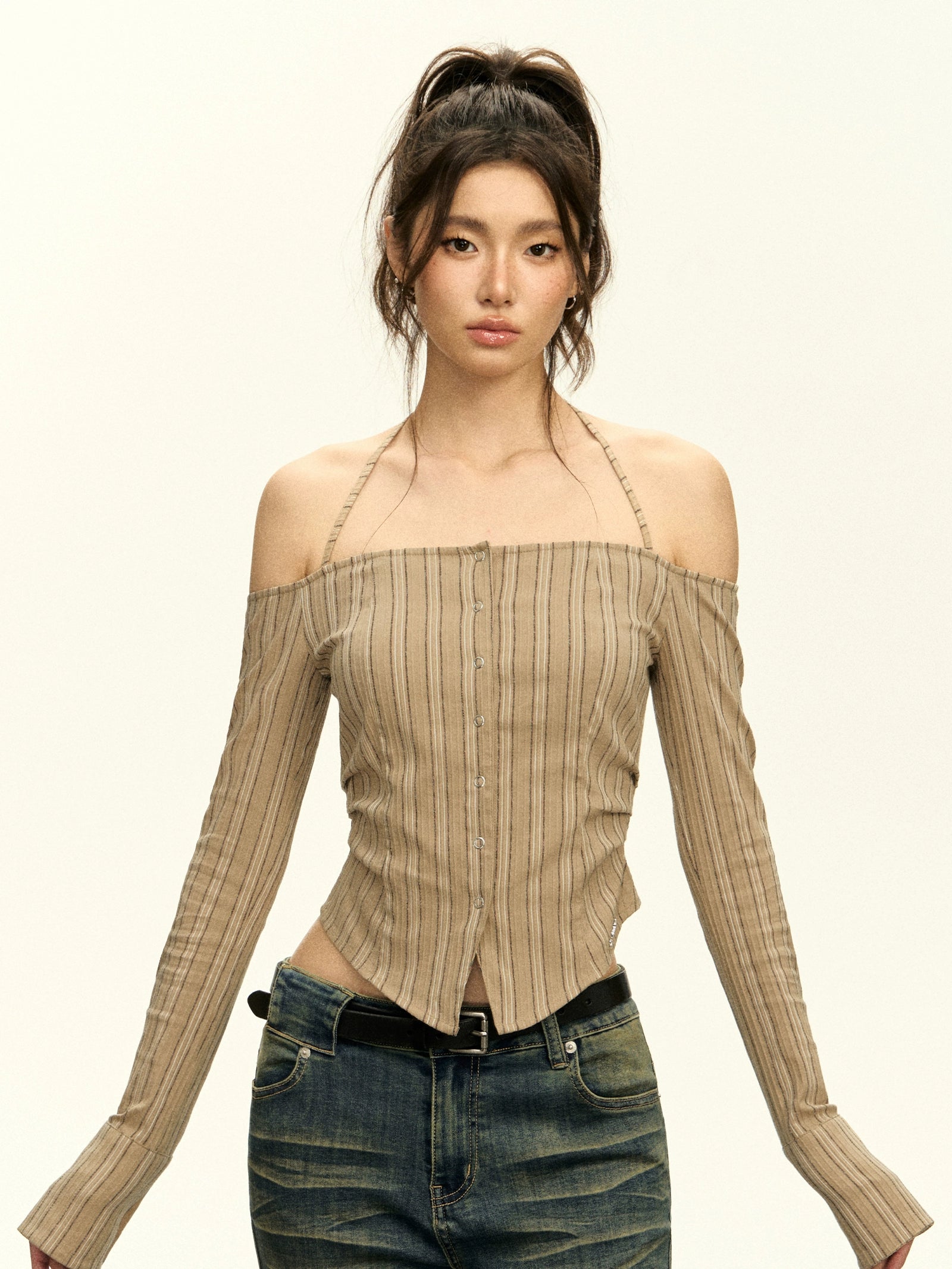 Striped Button Off-Shoulder Halter Long Sleeve Top