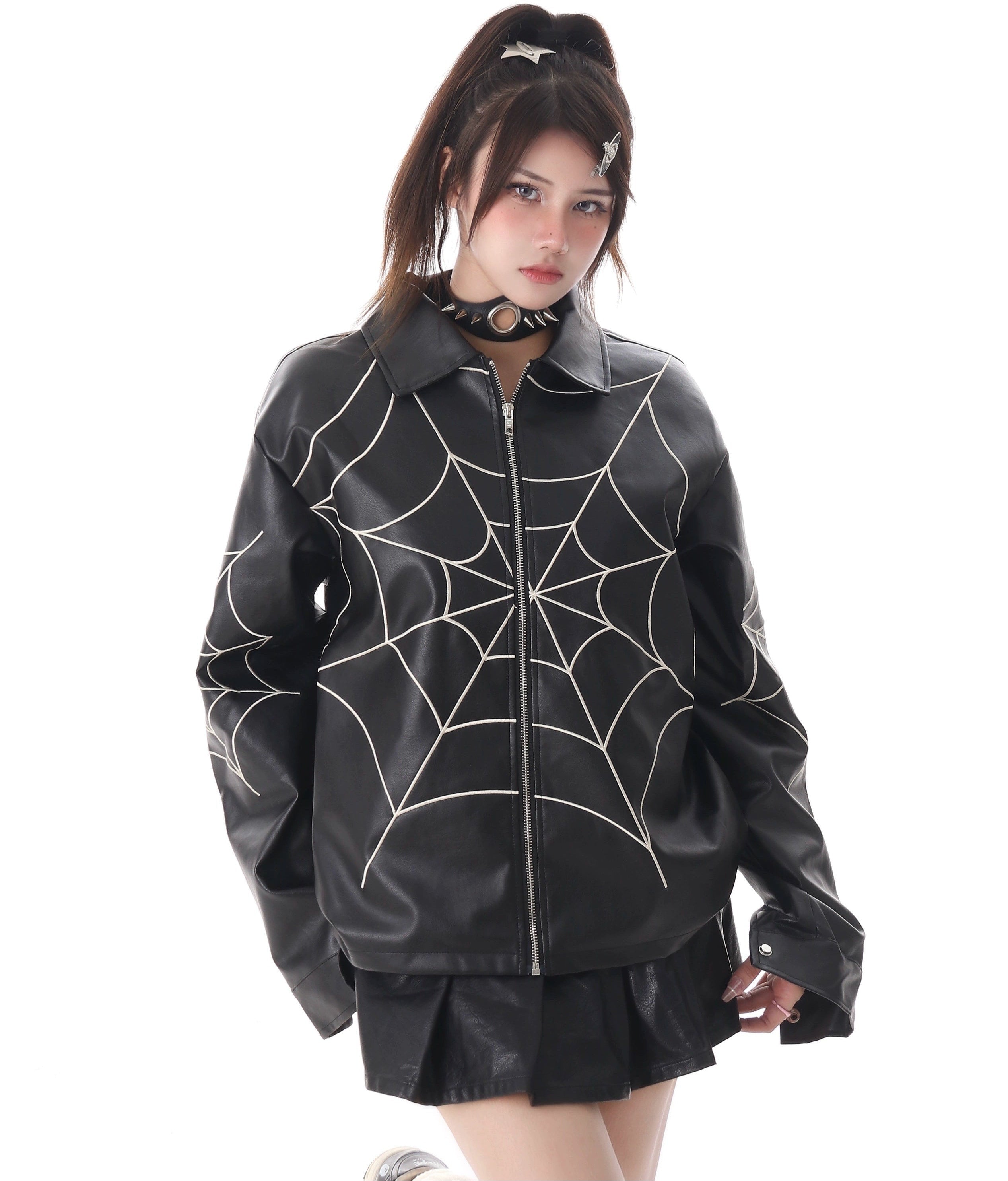 Spiderweb Print Zip-Through Faux Leather Jacket