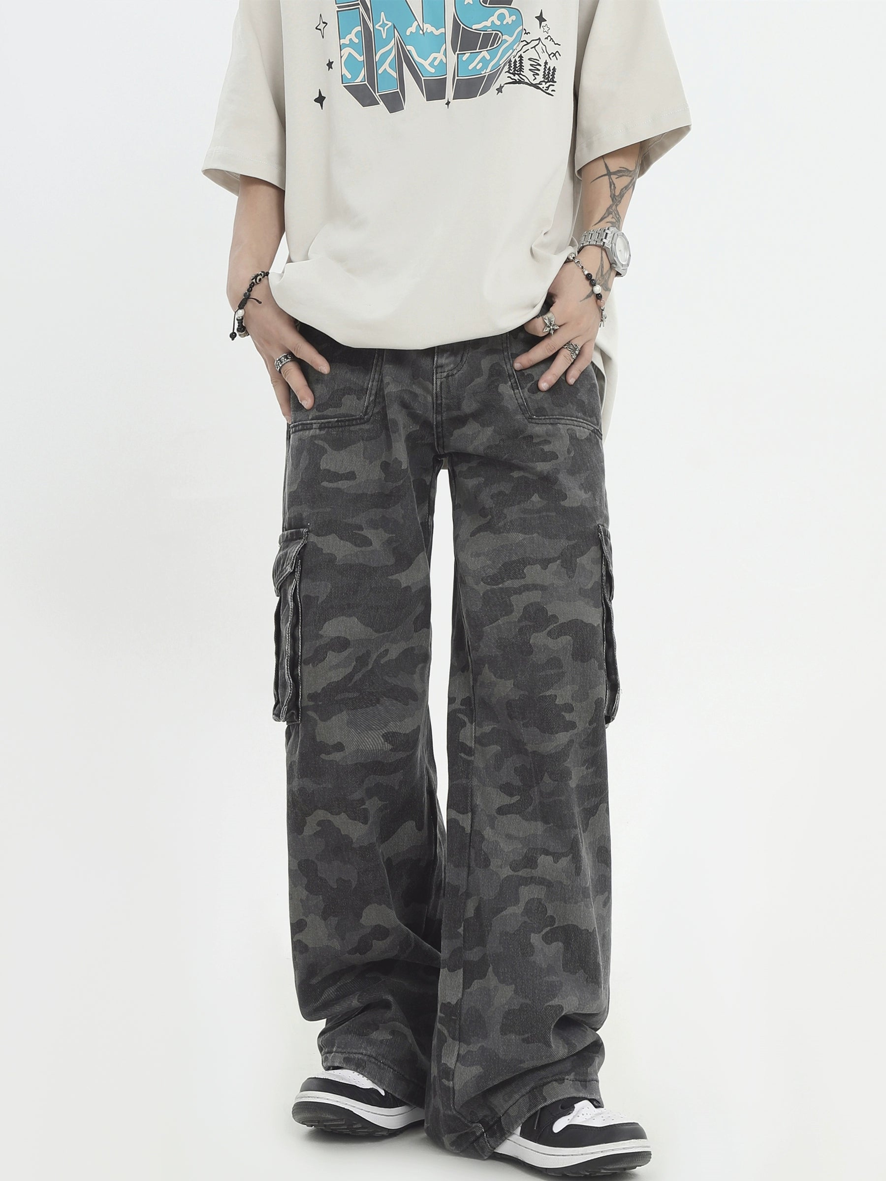 Camo Print Cargo Straight-Leg Trousers