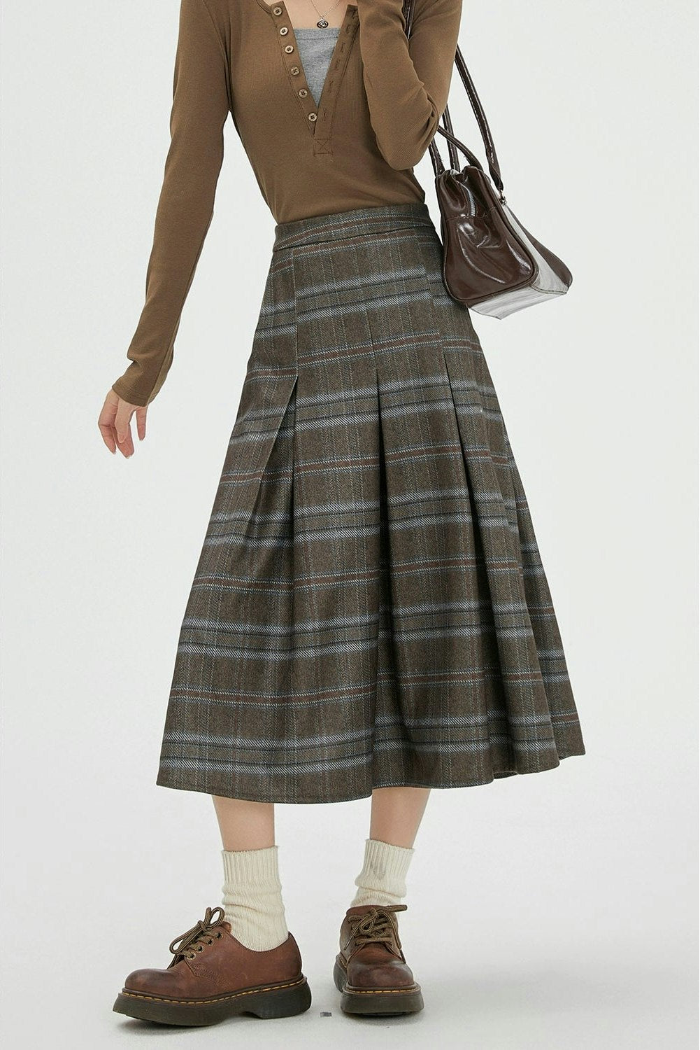 Plaid Pleated Midi Skirt with Pockets