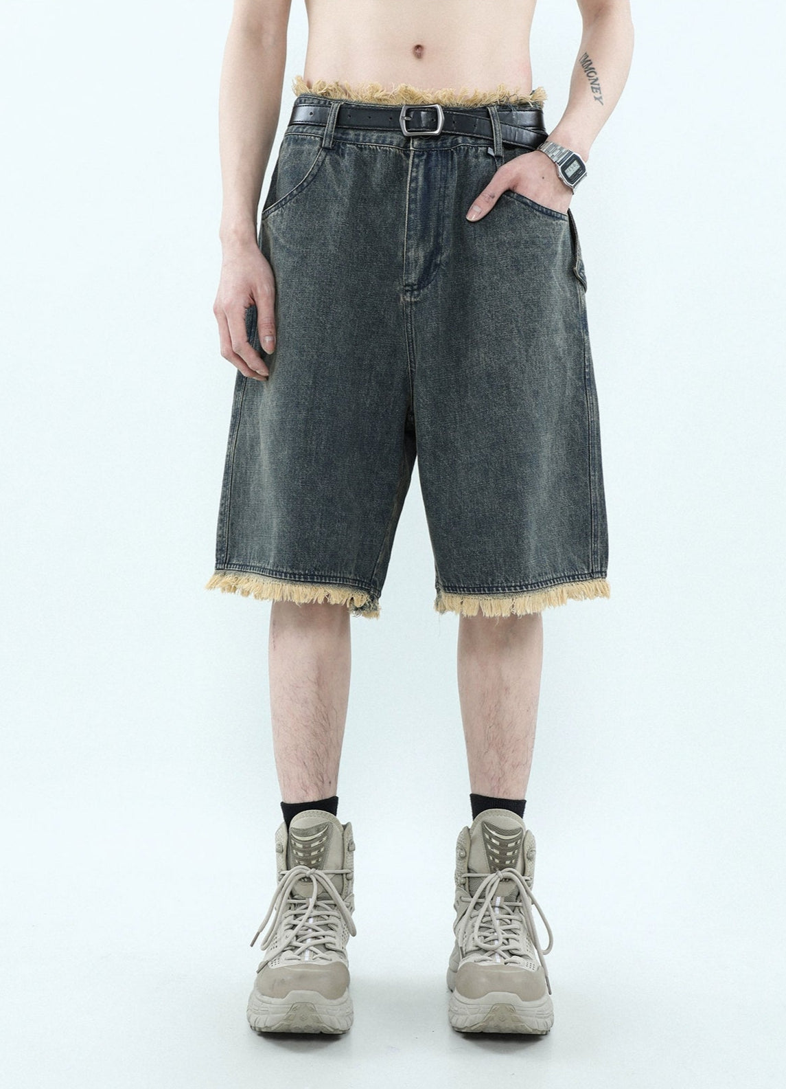 Distressed Hem Denim Bermuda Shorts