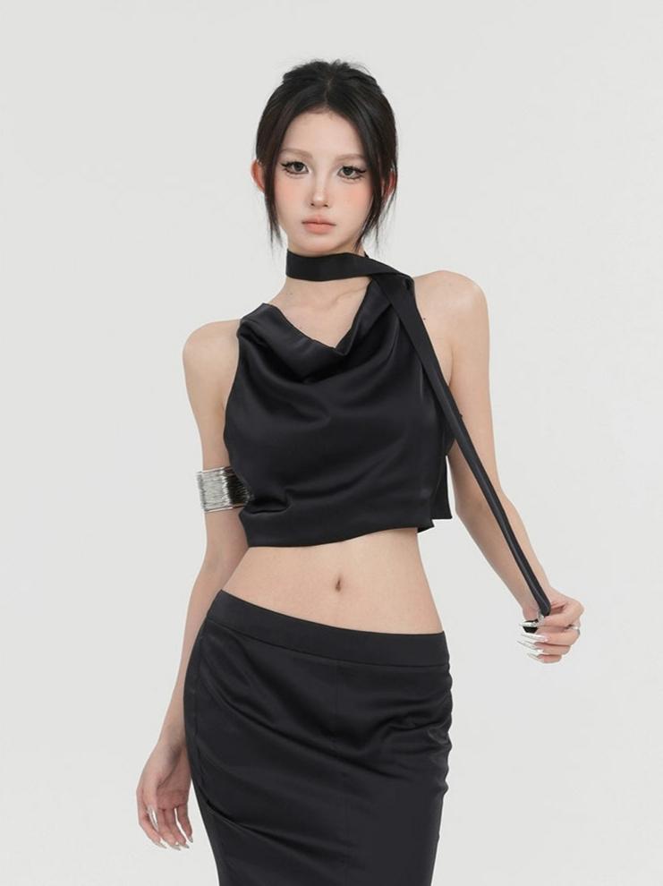 Sleeveless Cowl Neck Short Top with Scarf