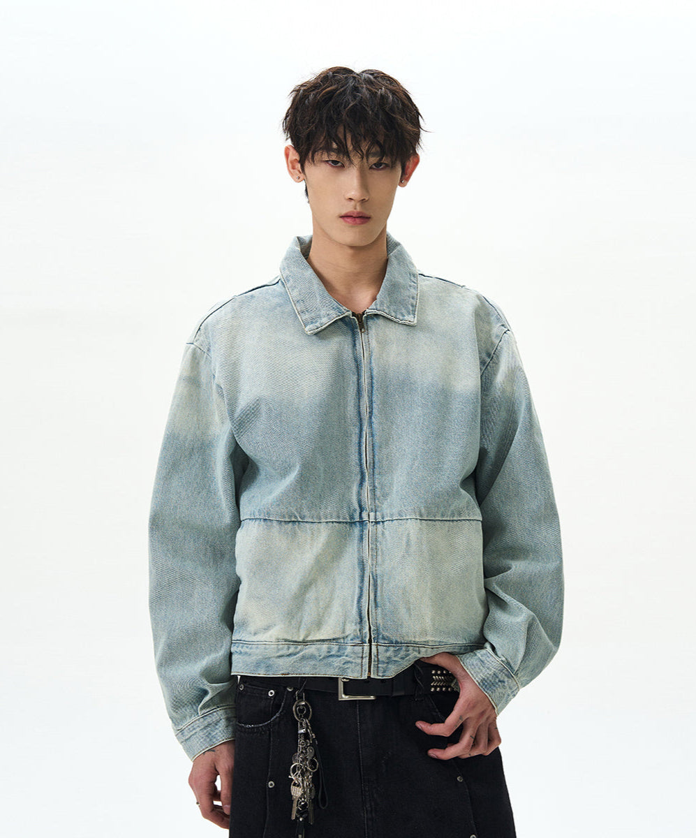 Mid-Crop Gradient-Wash Zip Up Denim Jacket