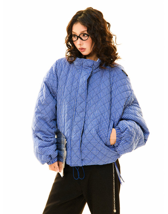 Oversized Quilted Gingham Puffer Jacket with Drawstring Hem