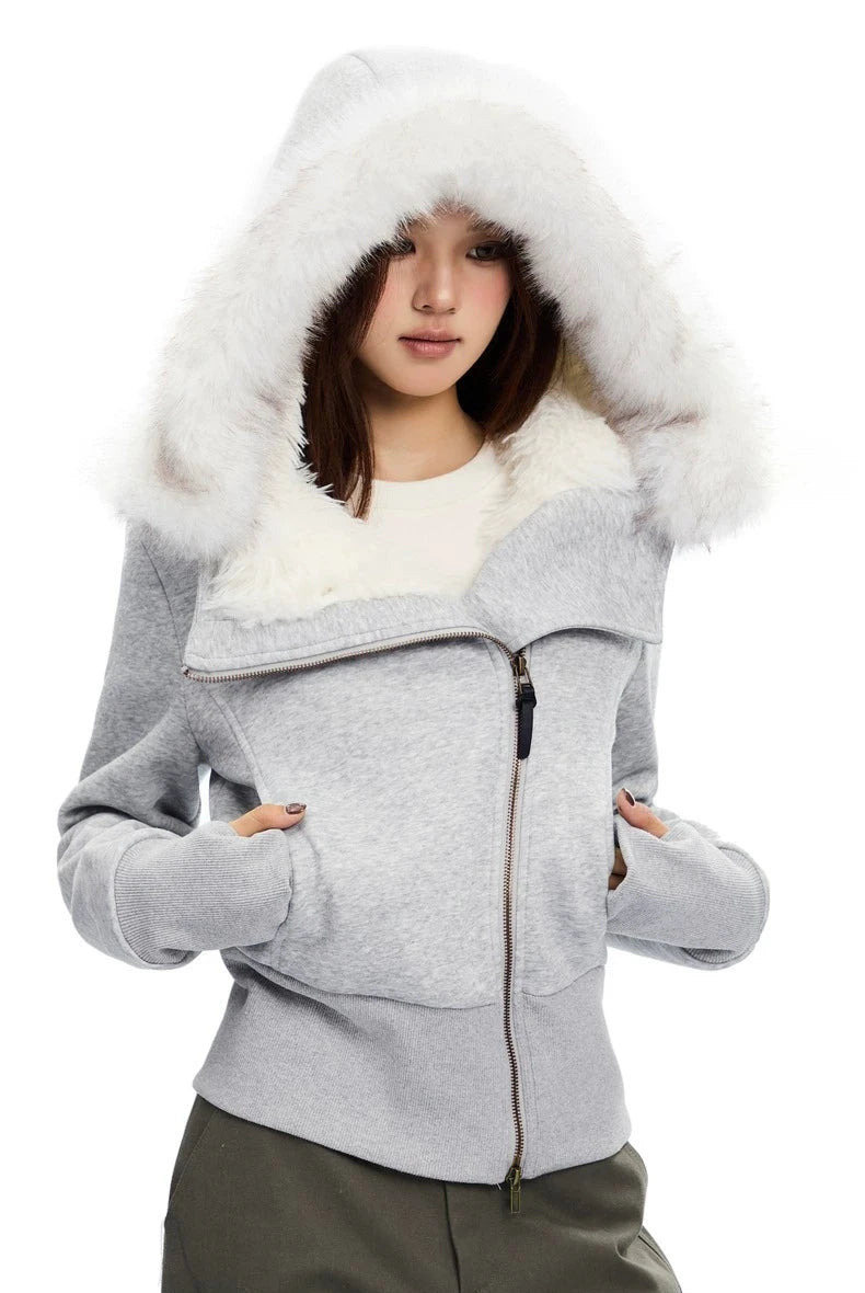 Fleece-Lined Hooded Jacket with Faux Fur Trim