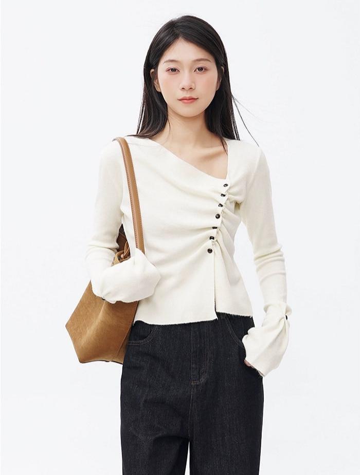 Asymmetric Button Ruched Long Sleeve Top