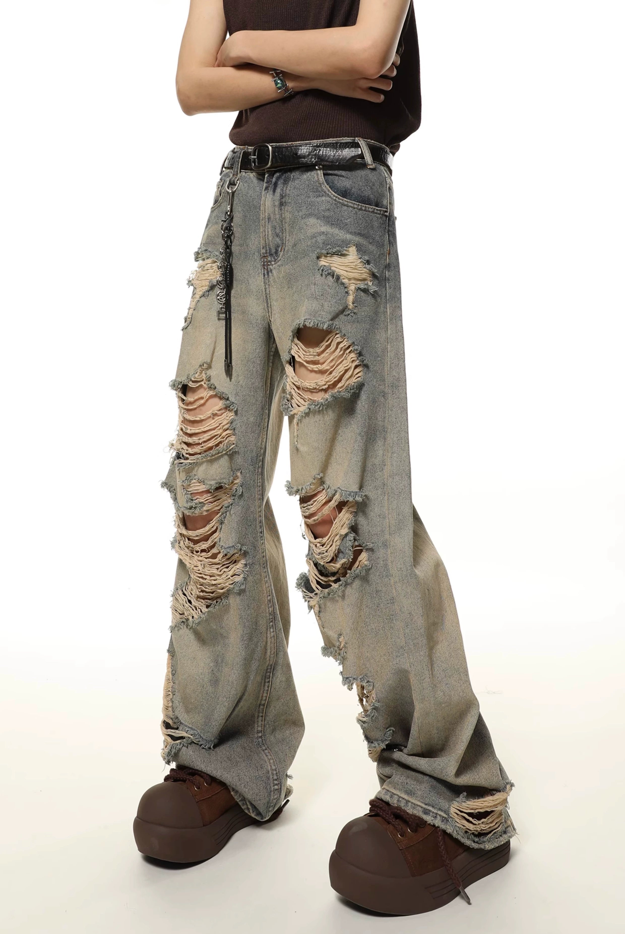 Extra-Distressed Vintage Wash Wide-Leg Jeans