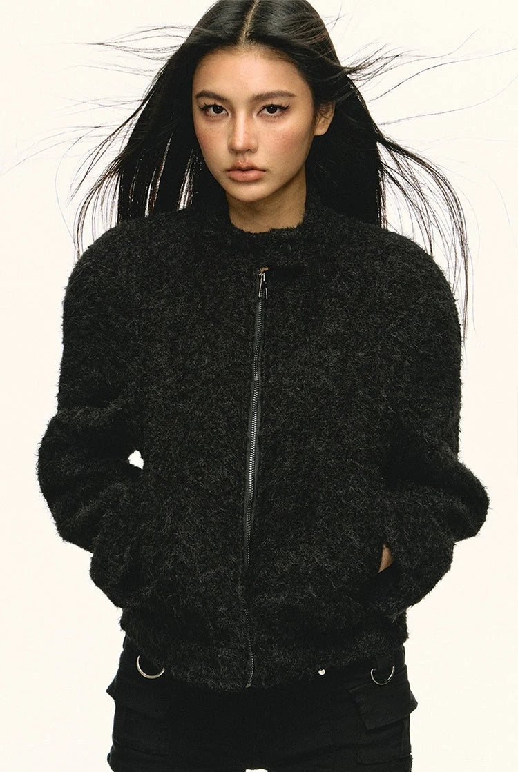 Fuzzy Mock Neck Zip Racer Jacket