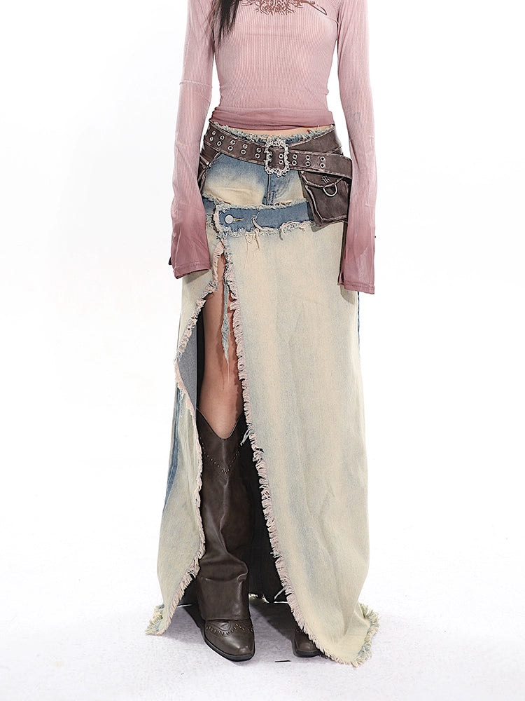 Distressed Trim Denim Patchwork Maxi High Slit Skirt