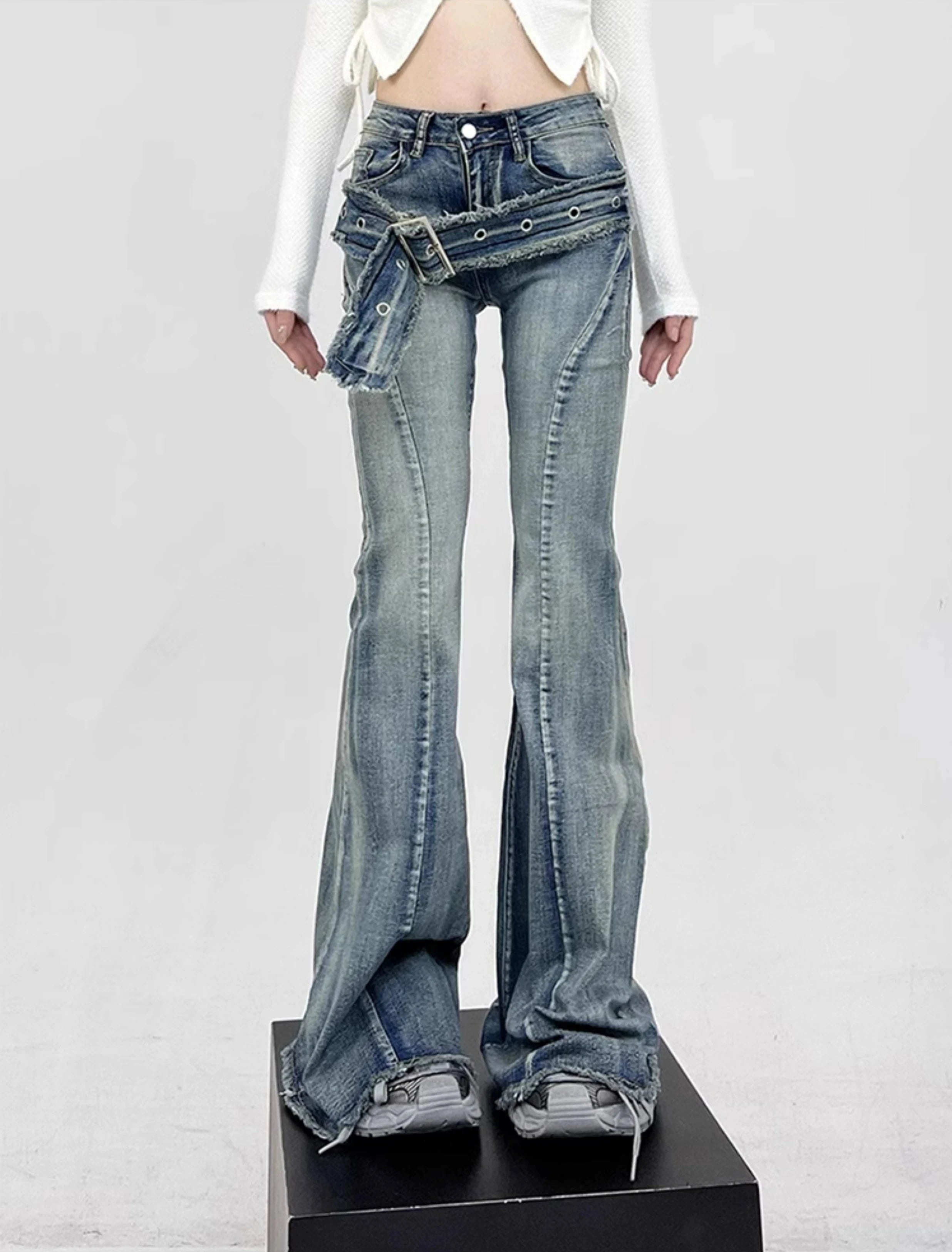 Layered-Effect Denim Flare-Leg Jeans with Grommet Belt Detail