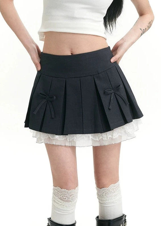 Pleated Bow Detail Mini Skirt with Lace Hem