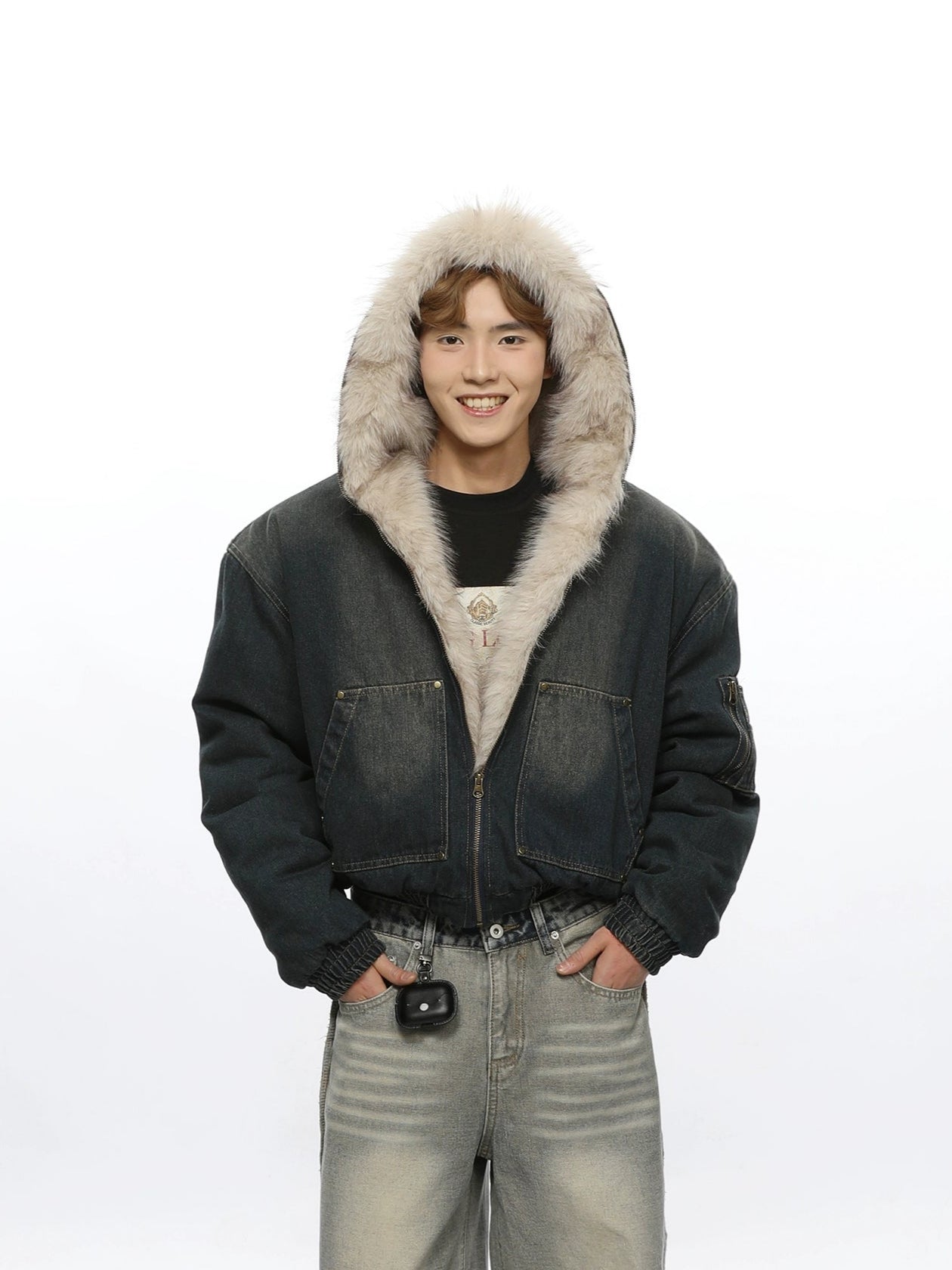 Wide-Fit Faded Denim Hooded Jacket with Faux Fur Lining