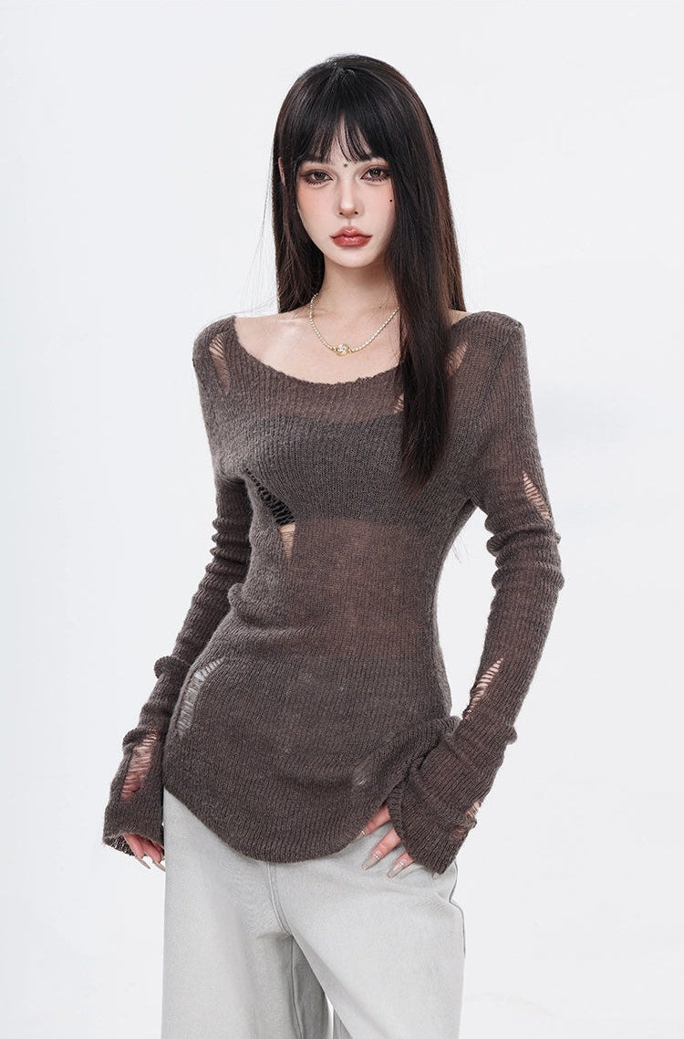 Distressed Hollow-Out Long Sleeve Knit Top