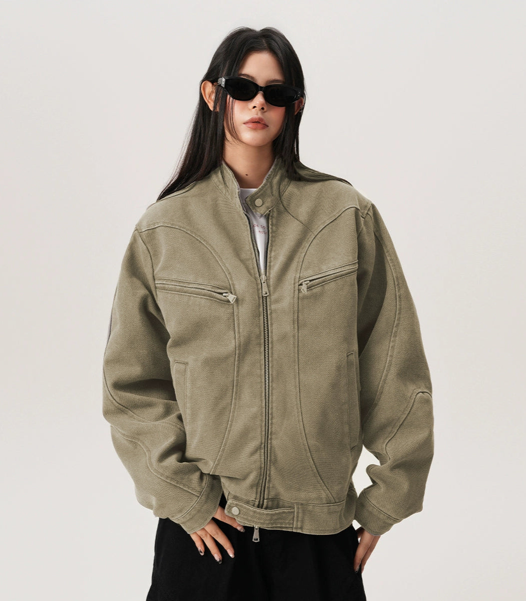 High Collar Drop Shoulder Jacket with Zip Pocket Details